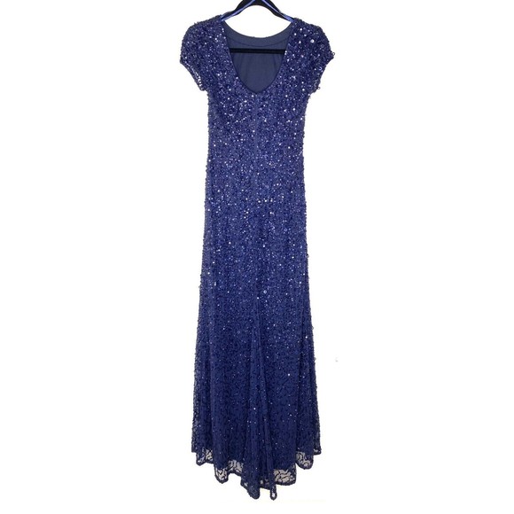 💙 ADRIANNA PAPPEL Navy Blue Sequin Embellished Beaded Gown w/ Train 0P Petite - Picture 4 of 7